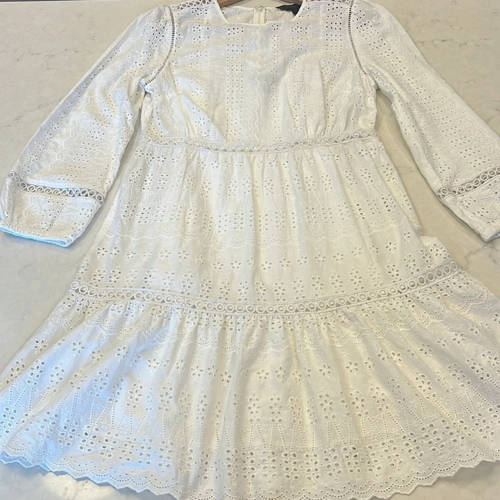 J. Crew‎ White Eyelet Cutout Long Sleeve Lined Dress Size 4